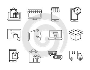 Shopping online line style icon set vector design
