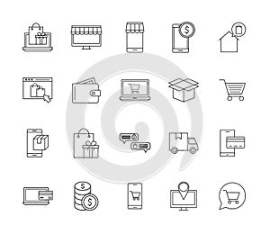 Shopping online line style icon set vector design