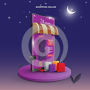 Shopping Online on Mobile Application Vector. Concept Marketing and Digital marketing