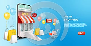 Shopping Online on Mobile Phone Application or Website Concept. Digital Marketing Promotion. Smartphone as a Store 3D Vector Illus