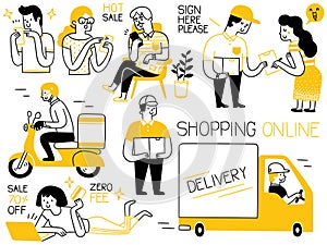 Shopping Online people doodle set