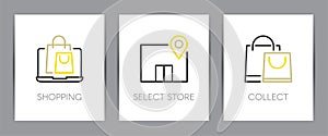 Shopping online, select a store and collect order. Shopping online concept. Web page template. Metaphors with icons