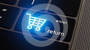 Shopping online. Shopping cart logo on laptop keyboard button. Online shopping service provide free delivery. 3d render