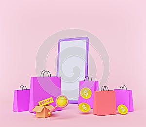 Shopping Online with smartphone and shopping bags isolated on pastel background. minimal style design for advertising. 3d