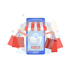 Shopping online with website or mobile application concept. Sale and buy in internet. Vector