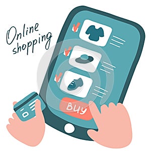 Shopping Online on Website or Mobile Application. E-commerce concept. Flat vector illustration