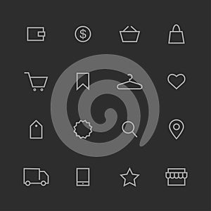 Shopping outline icons stock vector set white stroke on grey background