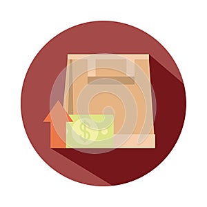 Shopping paper bag money going up arrow, rising food prices, block style icon