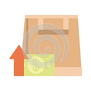 Shopping paper bag money going up arrow, rising food prices, flat style icon