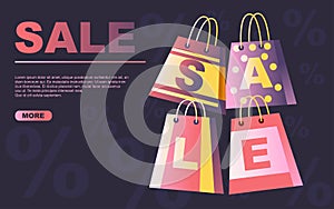 Shopping paper bag with sale tag flat vector illustration on dark background website page design horizontal banner