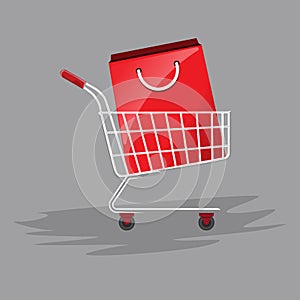 Shopping paper bag in shopping cart. Flat and solid color Vector illustration.