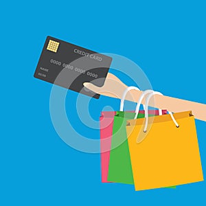 Shopping and paying with a debit or credit card, vector