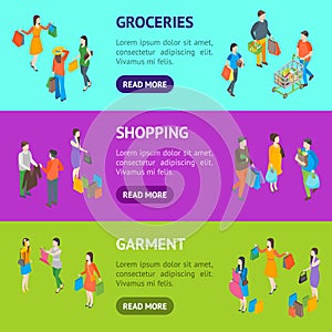 Shopping People 3d Banner Horizontal Set Isometric View. Vector