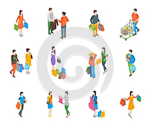 Shopping People 3d Icons Set Isometric View. Vector