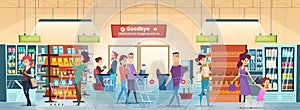 Shopping people. Characters in retail food market with shopping cart buying grocery products vector