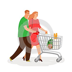Shopping people. Couple with shopping cart vector illustration, retail cartoon