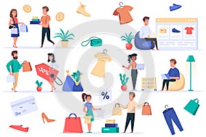 Shopping people isolated elements set. Bundle of customers buy online or store, clothes sale, payment for purchases in cash or