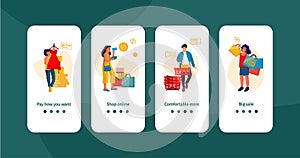 Shopping people onboard screen. Trendy scenes with shopping happy people, e-commerce mobile app banners. Vector discount