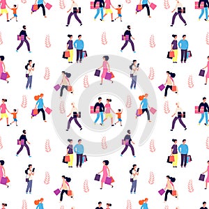 Shopping people pattern. Happy smiley men women kids with shop bags. Walking persons vector background