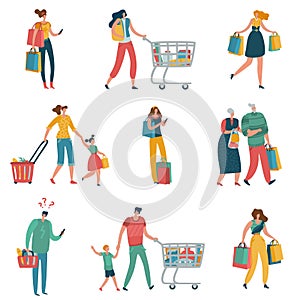 Shopping people. Persons shop family basket cart consume retail purchase store shopaholic mall supermarket shopper flat