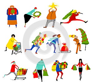 Shopping people set. Christmas sale collection. Group of people