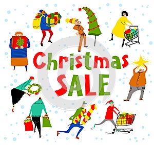 Shopping people set. Christmas sale lettering. Vector card
