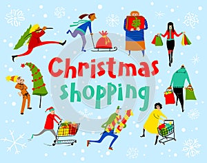 Shopping people set. Christmas sale lettering. Group of people