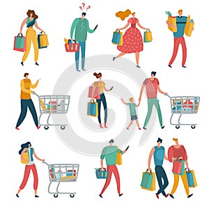 Shopping people set. Man woman shop family cart consume lifestyle retail purchase store shopaholic female mall shopper photo