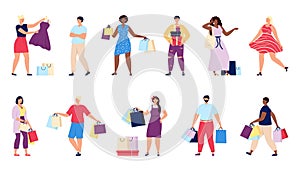Shopping people. Shop man, person hold gift boxes and bags. Retail consumer, shopper with purchase. Buyer in store or supermarket