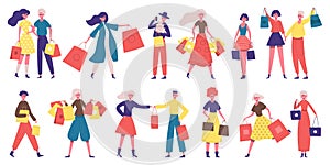 Shopping people. Shopaholic male and female characters, people buy clothes, food or presents. People with shopping bags