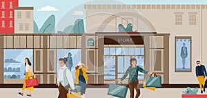Shopping people. Trendy cartoon characters at fashion boutique, city street scene with clothing outlets. Vector flat photo
