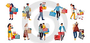 Shopping people. Trendy cartoon characters on retail store, happy buyers at discount shop. Vector people in mall scenes