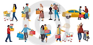 Shopping people. Trendy family and couples cartoon characters at mall shopping, happy cute persons at retail stores