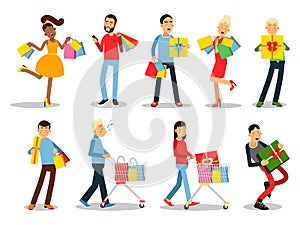 Shopping people vector concepts. Flat design. Collection of smiling women and man characters with gift boxes, paper bags and troll