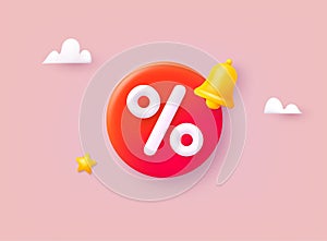 Shopping price tag, percent symbol with discount reminder bell. Online shopping, discount offer, sales, promotion. 3D Web Vector