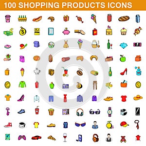 100 shopping products icons set, cartoon style