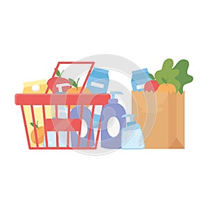 Shopping products inside bag and basket vector design