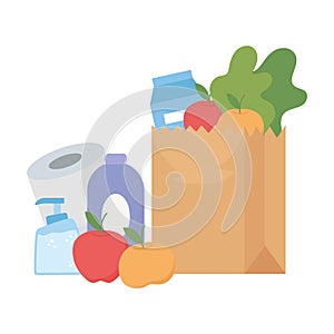 Shopping products inside bag vector design
