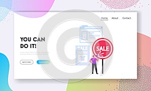 Shopping Promotion, Announcement, Advertising Promo Landing Page Template. Promoter Character Crying to Loudspeaker