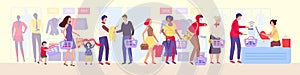 Shopping queue in clothing store vector illustration, queueing the group of people in shop during the sale, cartoon photo