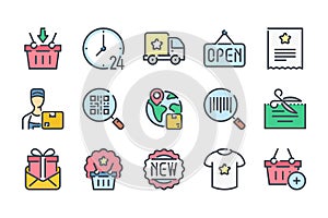 Shopping related color line icon set.