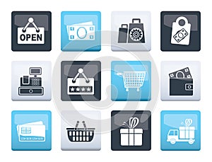 Shopping and retail icons over color background