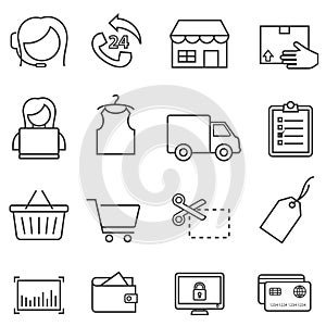 Shopping, retail, and online e-commerce line icon set