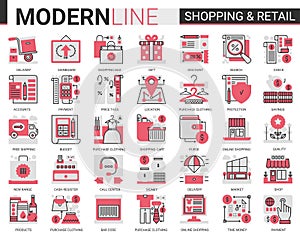 Shopping retail red black complex flat line icon vector illustration set. Commercial shop website app symbols for online