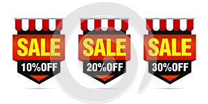 Shopping sale. Black, red set of sale badges 10%, 20%, 30% off