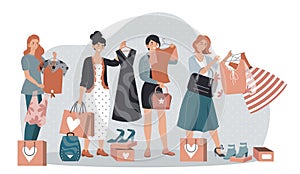 Shopping sale campaign in woman fashion store, people buying clothes at discount price, vector illustration