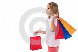 Shopping, sale, christmas and holiday-pretty teenage girl with shopping bags,isolated