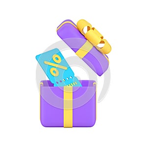 Shopping sale discount coupon in open gift box holiday offer 3d icon realistic vector