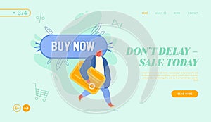 Shopping Sale, Promotion Offer in Store Website Landing Page. Woman with Credit Card Passing Buy Now Button