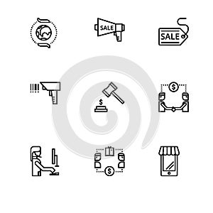Shopping sale and purchase. Set outline icon EPS 10 vector format. Professional pixel perfect black, white icons optimized for bot